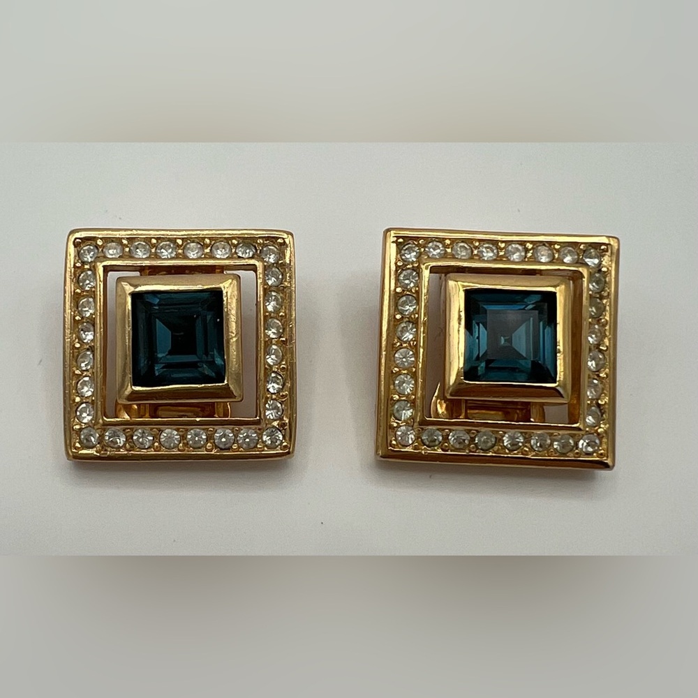Christian Dior Vintage Blue and Clear Rhinestone Square Clip On Earrings